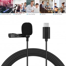 Type-C Mini Lavalier Microphone Omnidirectional Condenser Clip-on Mic with 1.5-Meter-Long Cable Wind Muff Metal Clip for Smartphone Tablet Computer Professional Recording Video Shooting Online Teaching