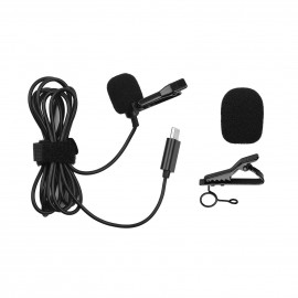 Type-C Mini Lavalier Microphone Omnidirectional Condenser Clip-on Mic with 1.5-Meter-Long Cable Wind Muff Metal Clip for Smartphone Tablet Computer Professional Recording Video Shooting Online Teaching