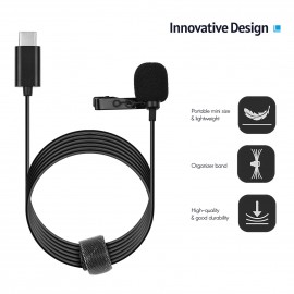 Type-C Mini Lavalier Microphone Omnidirectional Condenser Clip-on Mic with 1.5-Meter-Long Cable Wind Muff Metal Clip for Smartphone Tablet Computer Professional Recording Video Shooting Online Teaching