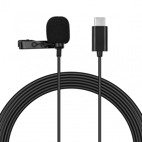 Type-C Mini Lavalier Microphone Omnidirectional Condenser Clip-on Mic with 1.5-Meter-Long Cable Wind Muff Metal Clip for Smartphone Tablet Computer Professional Recording Video Shooting Online Teaching