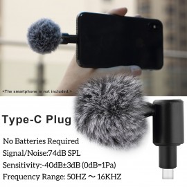 Mini Plug-in Smartphone Microphone Mobile Phone Mic Cardioid Pickup Type-C Plug 90° Angle Adjustable with 2pcs Windscreen for Smartphone Live Streaming Vlog Online Singing