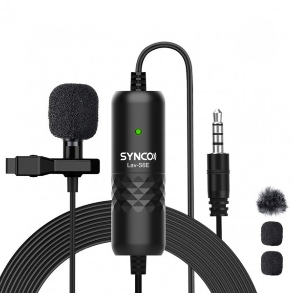 SYNCO Lav-S6E Professional Lavalier Microphone Clip-on Omnidirectional Condenser Lapel Mic Auto-Pairing 6M/19.7 Long Cable with Windscreen for DSLR Camera Smartphone PC Video Recording Vlogging Interview Online Meeting Teaching