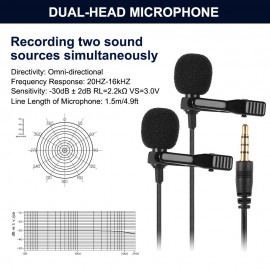 Dual-head Lavalier Lapel Omnidirectional Clip-on Microphone Mic for Smartphone Laptop Camera 3.5mm Audio Plug Devices for Program Video Recording Interview Webcast