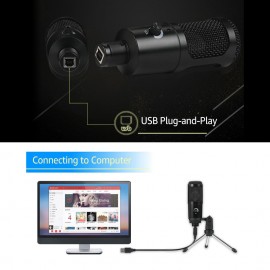 USB Plug-and-Play Condenser Dynamic Microphone Mic with Mini Tripod Stand for PC Laptop Games Playing Music Recording Online Chatting Singing Network Broadcast Live Streaming