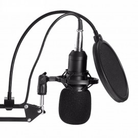 Studio Recording Condenser Microphone Kit with Shock Mount + Flexible Scissor Arm Stand + Pop Filter + Windscreen + Connection Cable for Network Broadcasting Online Singing