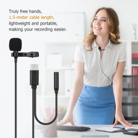 1.5 Meter Type-C Omni-directional Lapel Lavalier Microphone Clip-on Recording Condenser Microphone with Monitoring Function for Laptop Computer Smartphone Tablet Camera with Type-C Port