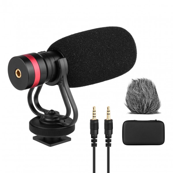 Cardioid Directional Condenser Microphone with Anti-Shock Mount 3.5mm TRS and TRRS Audio Output Cables Sponge Windshield Furry Windshield for Smartphones Cameras Camcorders Audio Recorders PCs