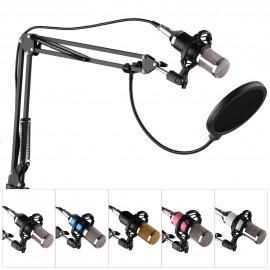 Professional Broadcasting Studio Recording Condenser Microphone Kit with Mic Windscreen + Shock Mount + Adjustable Suspension Scissor Arm Stand + Mounting Clamp + Pop Filter + Audio Cable