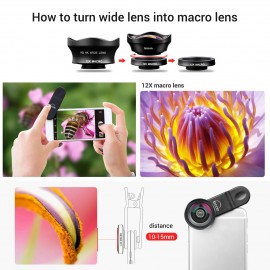 Two in One 16mm Wide Lens + 12X Macro Lens Set Clip-on Phone Camera Lens Add-on Lenses Kit HD Camera Lens Compatible with Most Smartphones