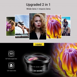 Two in One 16mm Wide Lens + 12X Macro Lens Set Clip-on Phone Camera Lens Add-on Lenses Kit HD Camera Lens Compatible with Most Smartphones