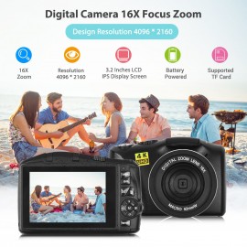 4K/60FPS 48MP High Resolution Digital Camera Multifunctional Portable 16X Digital Zoom Video Camcorder with 3.2 Inch IPS Screen Type-C Charging for Portrait Video Recording