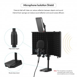 Microphone Isolation Shield Compact Foldable Tabletop Mic Windscreen 3-Panel Sound Absorbing Foam Reflector with Supporting Rod Base Phone Clip 5/8 Inch Screw Adapter for Studio Professional Recording Singing Live Stream