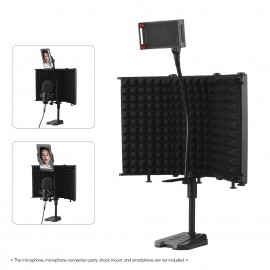 Microphone Isolation Shield Compact Foldable Tabletop Mic Windscreen 3-Panel Sound Absorbing Foam Reflector with Supporting Rod Base Phone Clip 5/8 Inch Screw Adapter for Studio Professional Recording Singing Live Stream