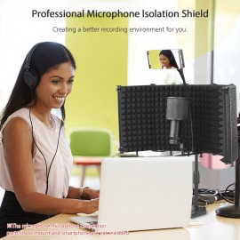 Foldable Microphone Isolation Shield 5-Panel Mic Sound Absorbing Foam Reflector with 3/8 Inch & 5/8 Inch Mic Threaded Mount Desktop Stand Smartphone Tablet Clip for Studio Live Streaming Audio Recording