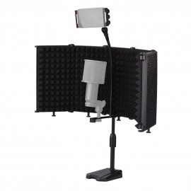 Foldable Microphone Isolation Shield 5-Panel Mic Sound Absorbing Foam Reflector with 3/8 Inch & 5/8 Inch Mic Threaded Mount Desktop Stand Smartphone Tablet Clip for Studio Live Streaming Audio Recording