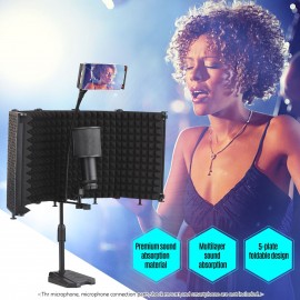 Foldable Microphone Isolation Shield 5-Panel Mic Sound Absorbing Foam Reflector with 3/8 Inch & 5/8 Inch Mic Threaded Mount Desktop Stand Smartphone Tablet Clip for Studio Live Streaming Audio Recording